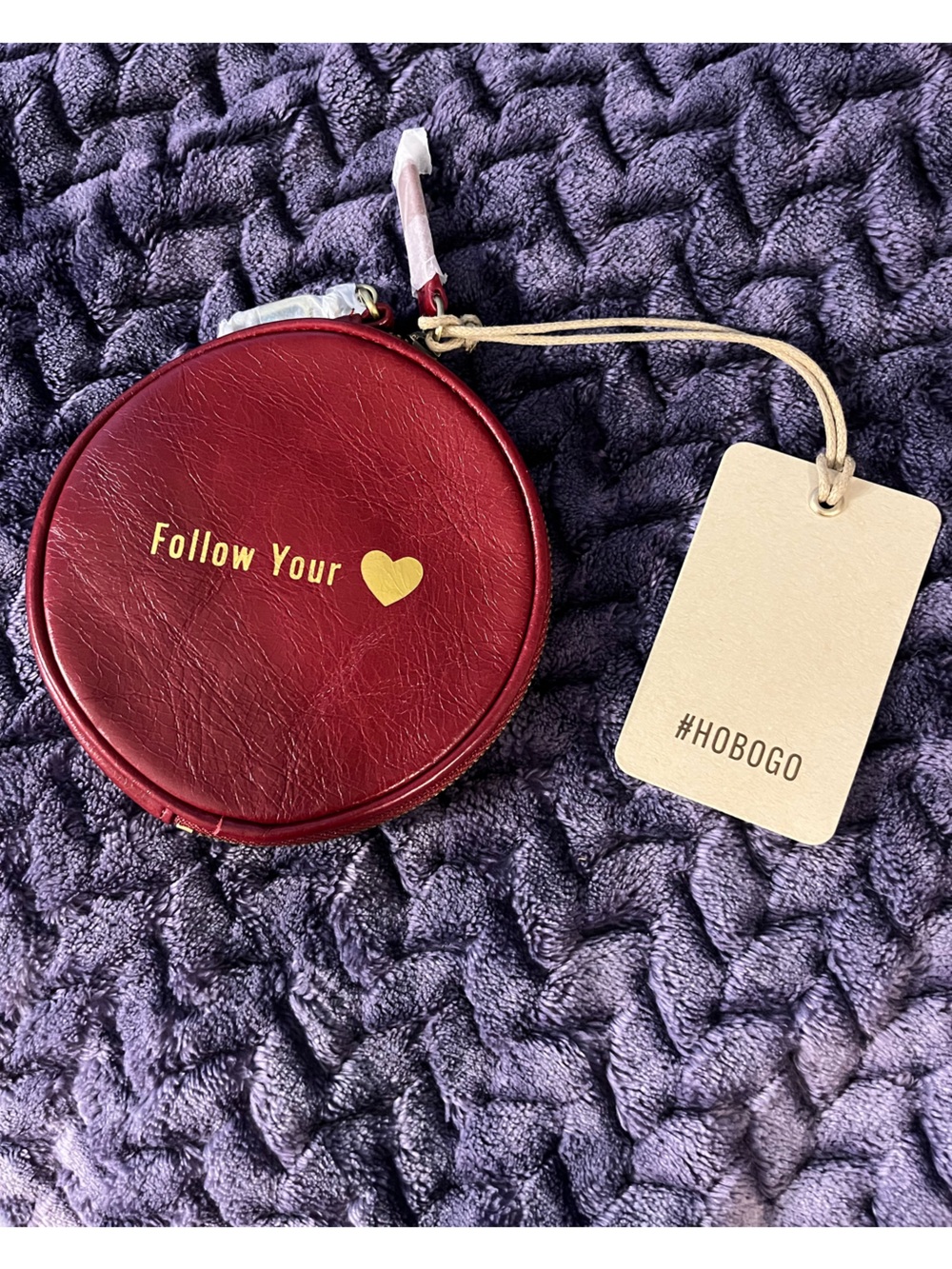 HOBO Leather Round Coin Purse in Burgundy with Gold Foil “ Follow Your Heart”